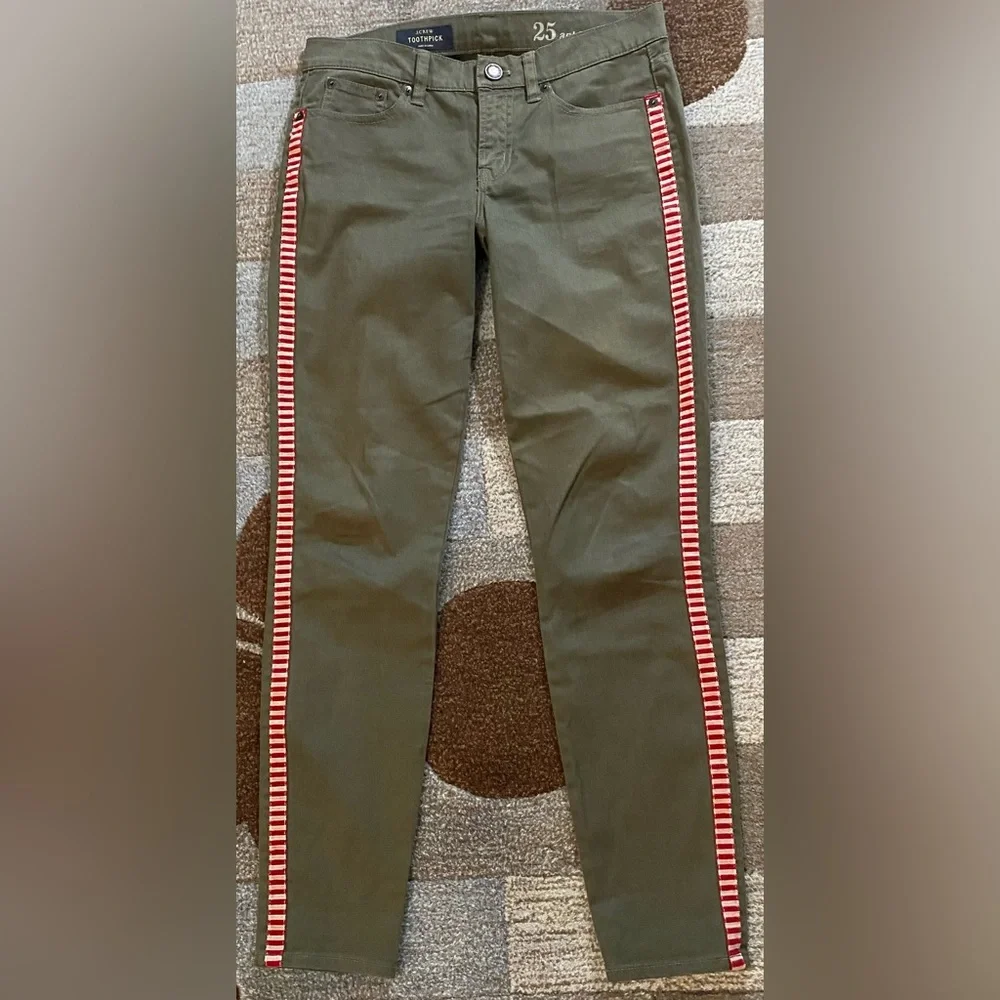 J. Crew Toothpick Jeans Olive Green w Red & White Side Stripes